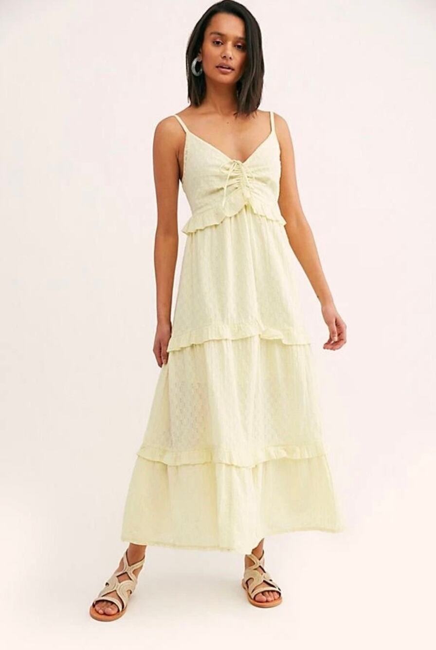 FREE PEOPLE Sz S  SMOCKED BACK TIERED MAXI DRESS LEMON feminine,